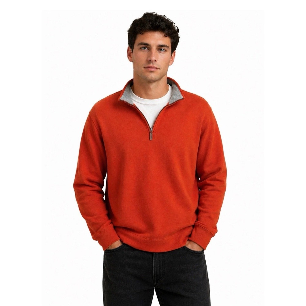 Lands End Mens XL Tall Bedford Quarter Zip Sweater Pullover Orange Cotton Preppy